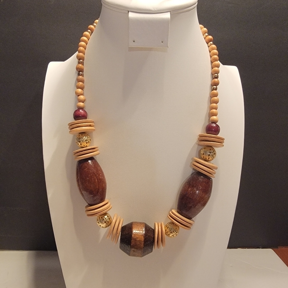 Bohemian Wooden Bead and Goldtone Filigree Beaded Necklace